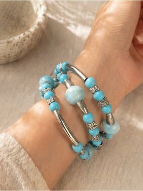 Turquoise Beaded Wrap Bracelet Set | Boho Coastal Stack | Aqua Statement Jewelry